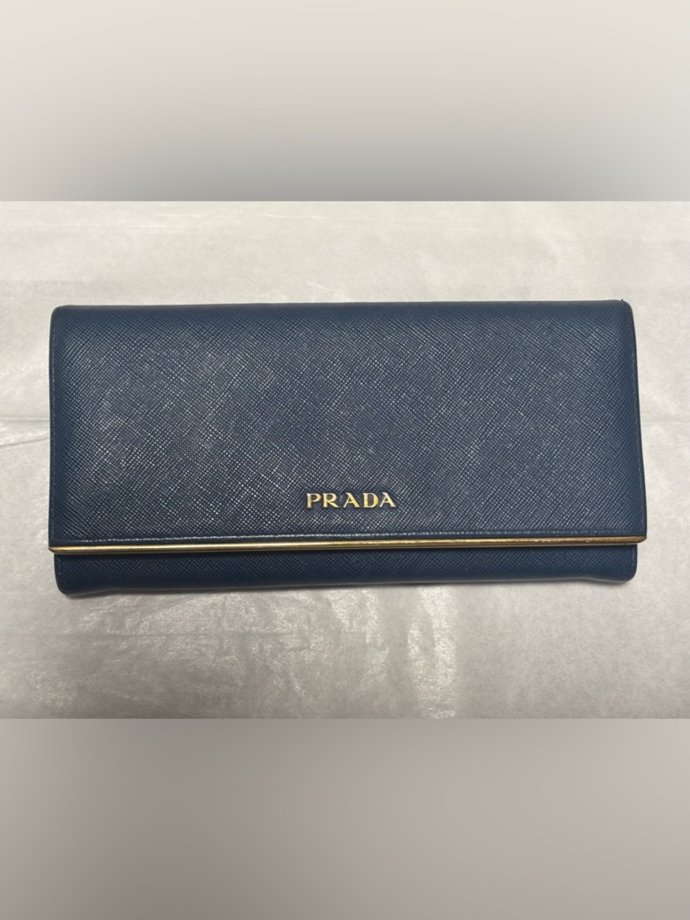 Prada Navy Saffiano Continental Wallet with Gold Trim